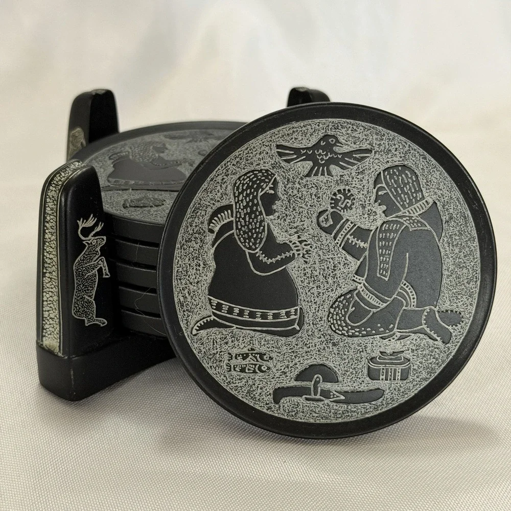 BOMA Inuit Coaster Set of 6 w/ Holder Made in Canada Textured Canadian Folk Art